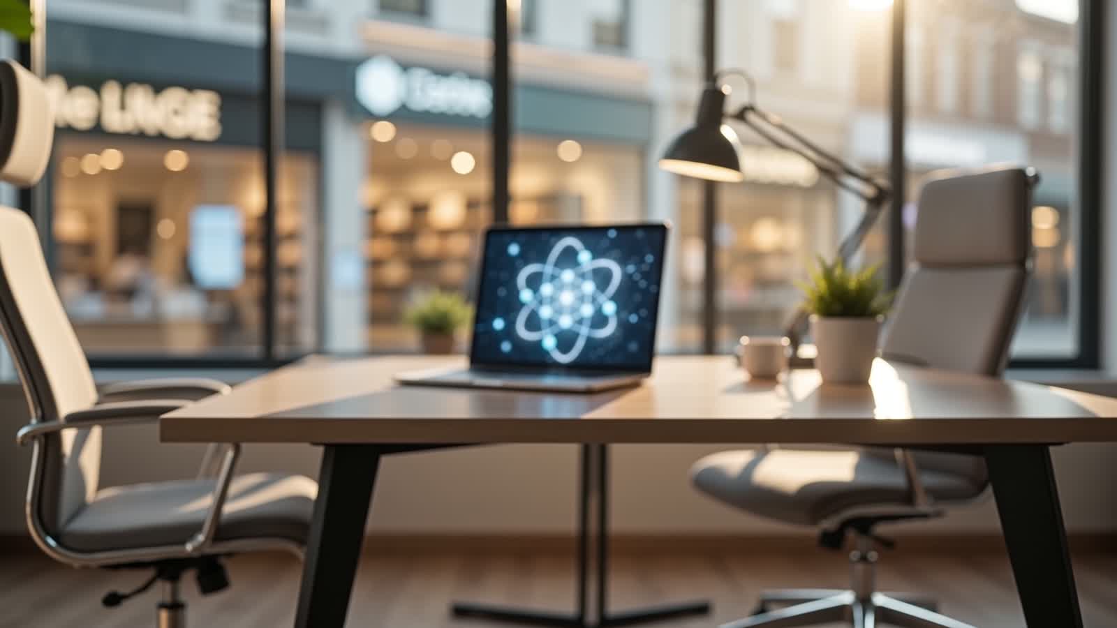 Laptop in a sunlit office from the existing workspace footage